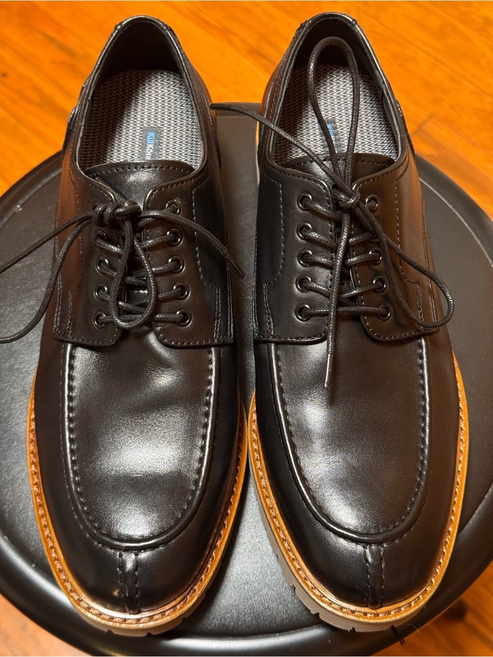 Vince Camuto Black Leather Derby Shoes with Tan Welt